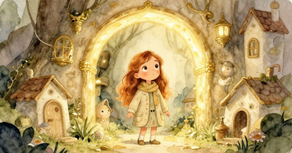 莉 Lily 發現隱藏村莊，站在發光拱門前，溫暖光線照亮她充滿期待的表情和神秘村落。