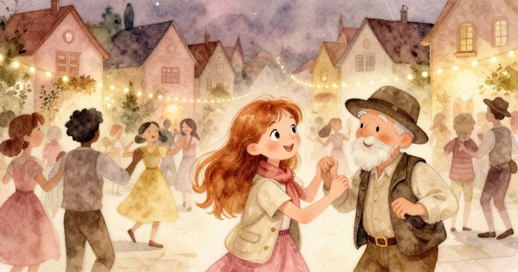 莉 Lily 與村民和老友在夜晚村莊廣場共舞，歡笑與音樂交織，溫暖燈光下呈現團結與快樂氣氛。