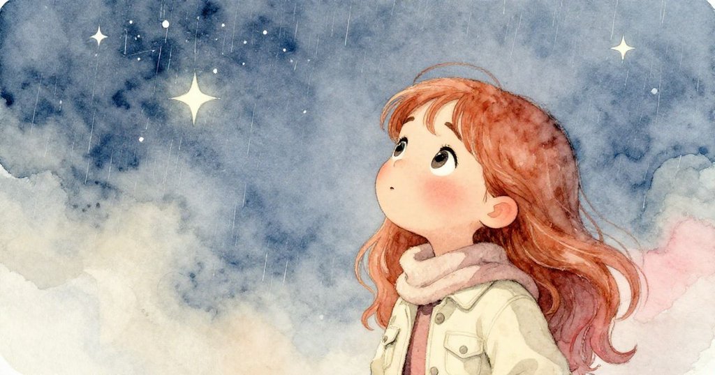 莉 Lily 仰望星空，雨絲輕拂臉龐，滿懷驚奇與寧靜，象徵著夢想延續與新冒險的無限可能。