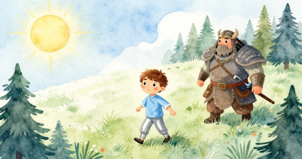 班與勇士在明亮廣闊草原上相遇並行走，從空中視角展現開放自然美景，充滿期待與溫暖情感。