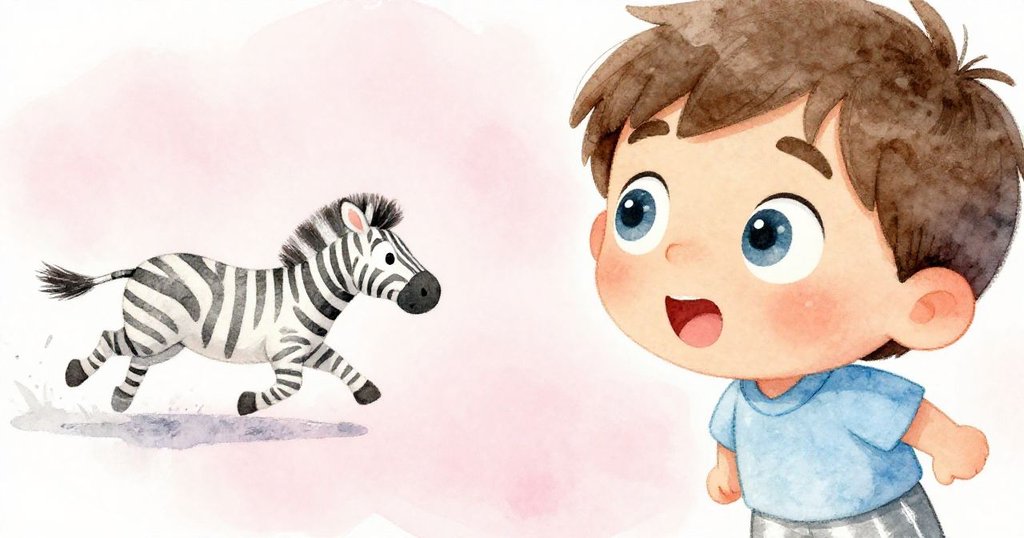 班的眼睛充滿驚奇與興奮，特寫捕捉他凝視遠方奔跑斑馬的神情，背景自然柔和。