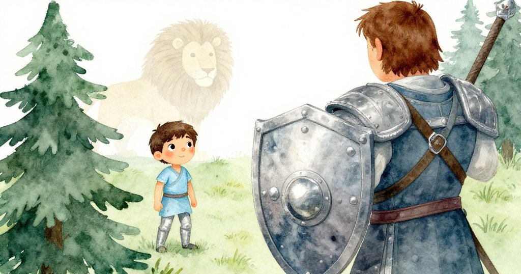 從勇士肩後角度看班與持象牙盾的勇士，背景隱現獅子身影，呈現驚喜與溫柔共存的氛圍。
