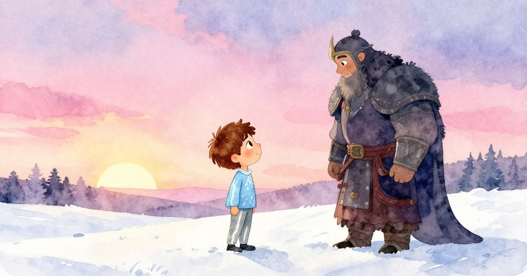 班與勇士在柔和夕陽隱去、月光初現的夜空下低語，環境充滿了夢幻與溫馨的夜色魅力。