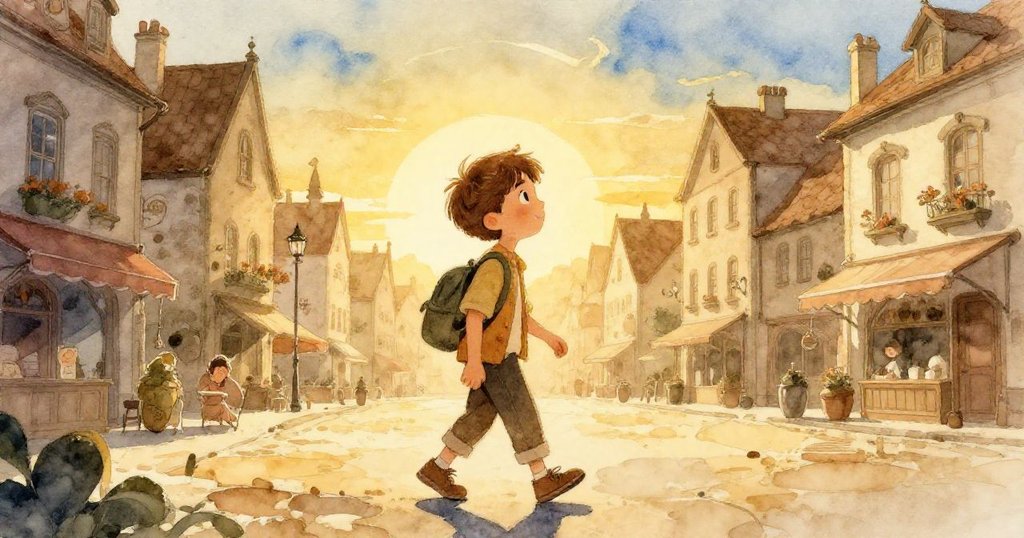 Alex在古老城鎮廣場中探險，輪廓被夕陽映襯，他充滿好奇與期待，背景流露濃厚溫馨都市風情。