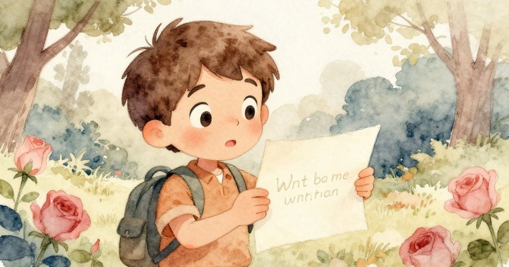 Alex在公園長椅旁發現神秘信件，蹲下仔細查看，驚喜與好奇充滿臉龐，信件細節顯得古老而吸引人。