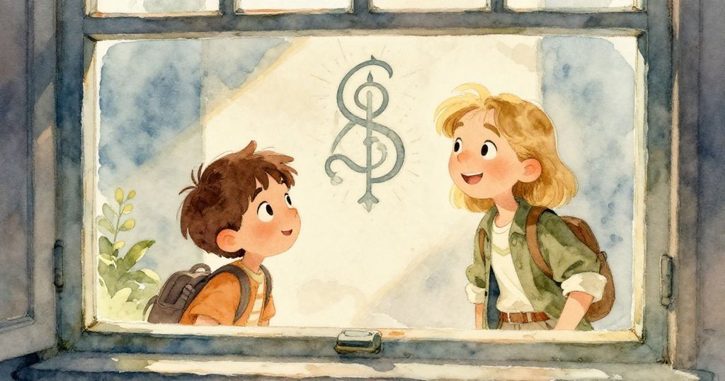 Alex與Jordan透過老窗觀察牆上神秘地圖符號，臉上流露好奇與興奮，細節清晰展現冒險前奏。