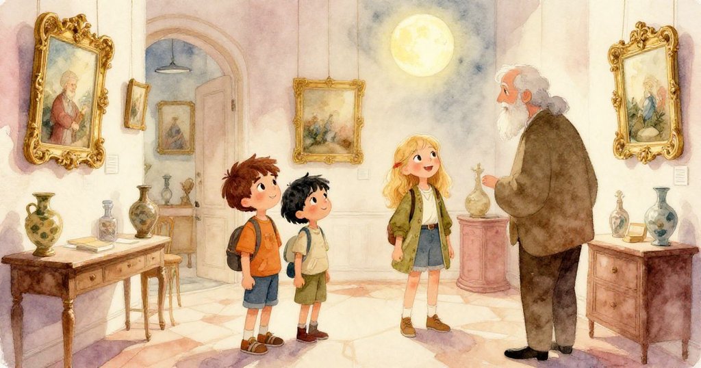 Alex、Jordan與一位智者在月光下的藝術畫廊中探險，欣賞古典藝術作品，臉上充滿驚奇與欣喜，氛圍神秘溫暖。