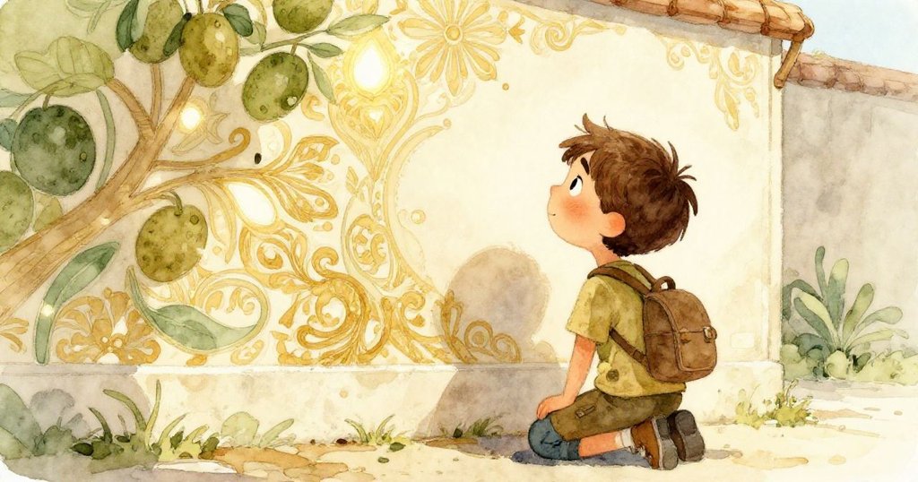 Alex跪在戶外彩色壁畫前，神情專注凝視未來，壁畫光芒璀璨，彷彿揭示出新旅程的希望與可能。