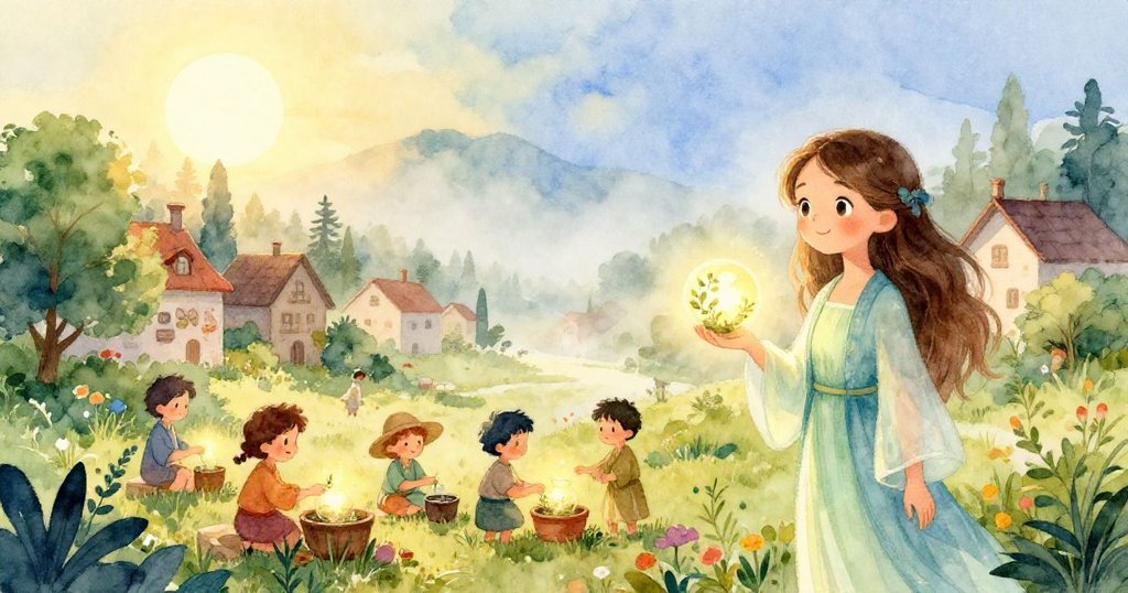 露娜在晨霧中忙著與村民準備草藥藥劑,光線溫暖,村莊充滿生機與希望