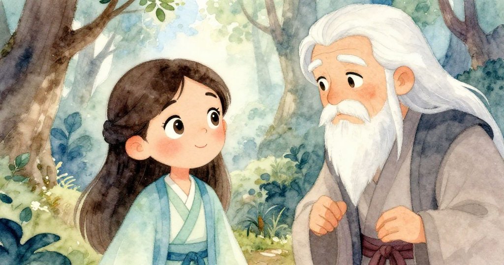 露娜與古老守護者相遇,臉上帶著好奇與擔憂,背景隱約映出神秘森林