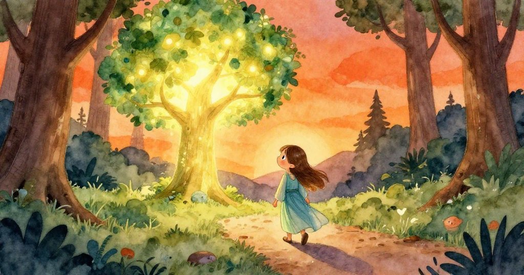 露娜在黃昏中穿越神秘森林,發現一棵發光的樹木,夕陽與奇蹟交織出迷人氣息
