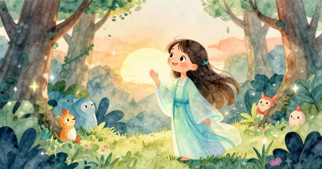 露娜在夕陽下向充滿魔法的森林揮手告別,溫柔笑容中滿懷感激與新希望