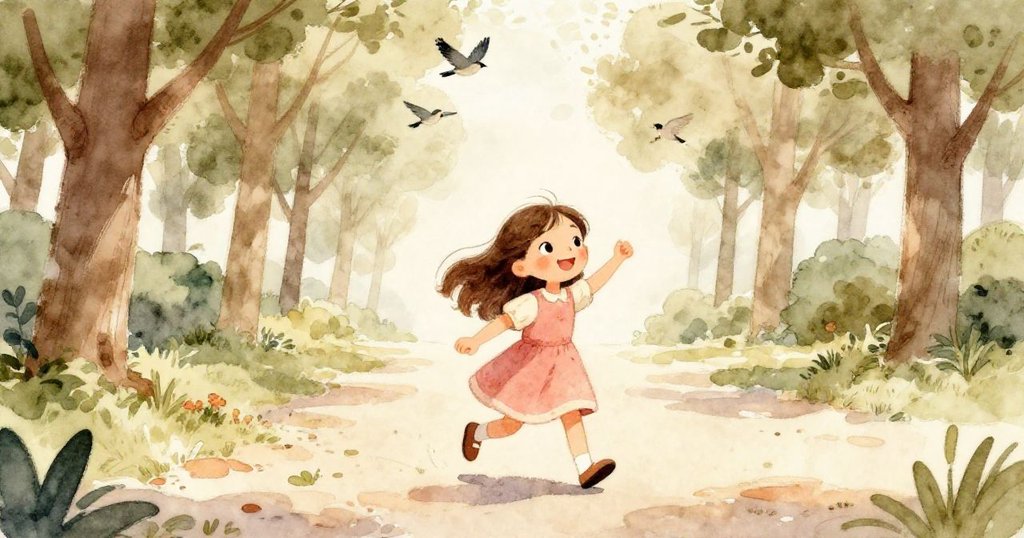 莉莉在陽光明媚的公園中快步走向冒險，樹木茂盛，笑容充滿期待與喜悅，故事開始展開。