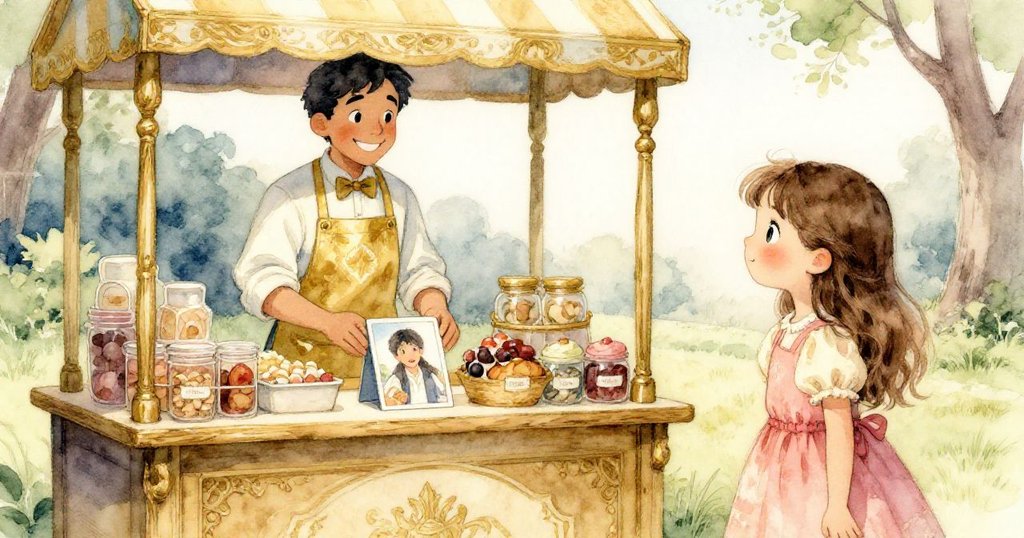 莉莉在公園小吃攤前細看免費圖畫書，攤位上展示各式美味零食，細膩紋理突顯溫馨氣氛，情節逐漸發展。