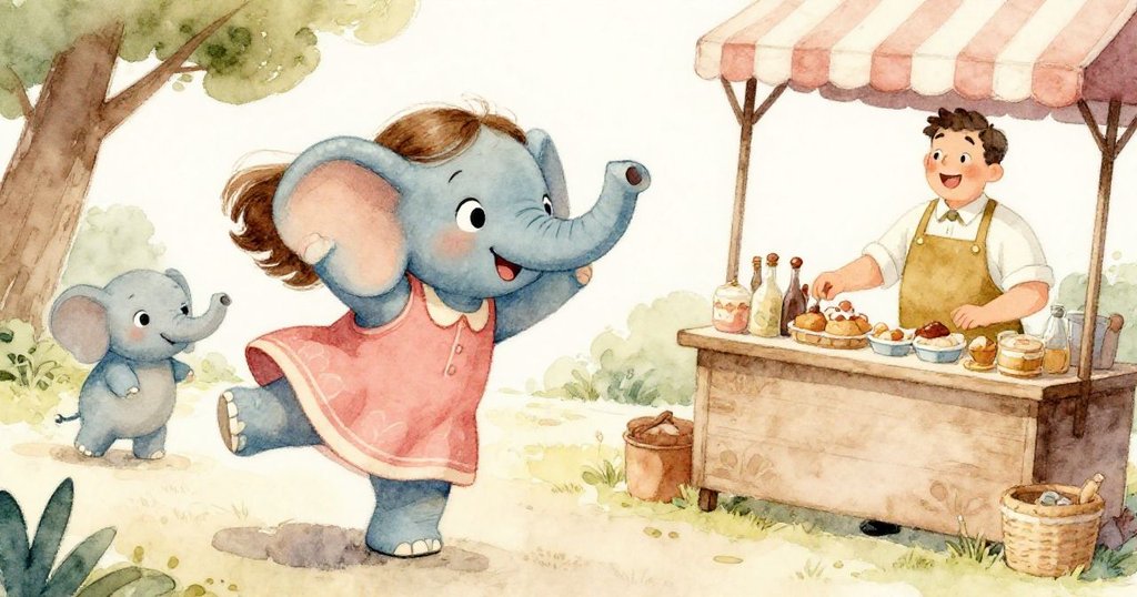 小象在小吃攤旁歡快起舞，莉莉和攤販露出驚喜笑容，俏皮角度展現動感與喜悅，故事進一步發展。