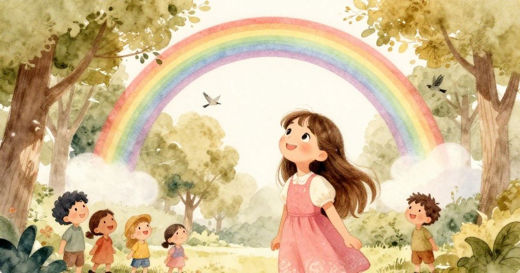 莉莉與其他遊客仰望橫跨樹梢的彩虹，鳥兒鳴唱，柔和微風拂面，展現季節神奇氛圍，高潮情節逐步展現。