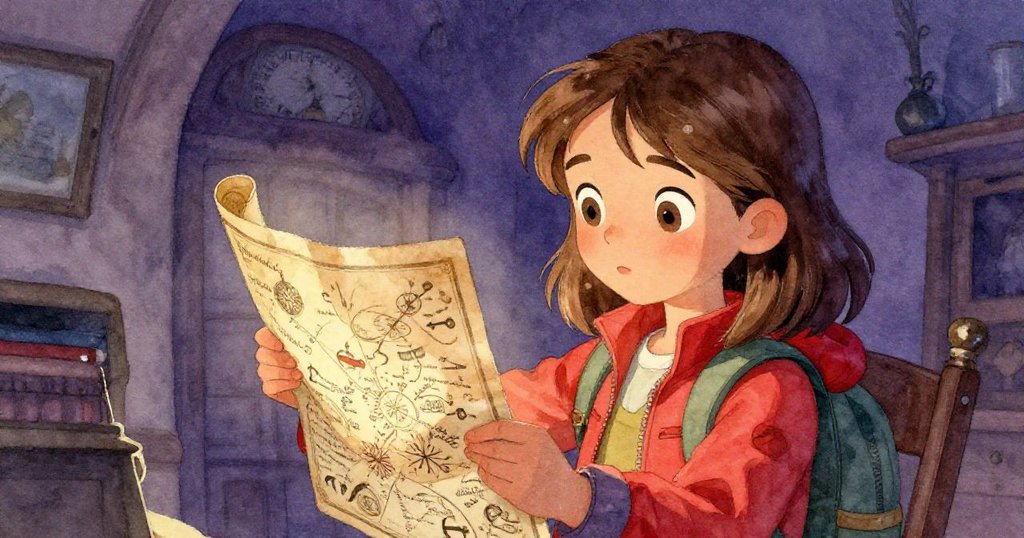 Lily坐在室內昏黃燈光下，聚精會神地展開一張古舊神秘的地圖，地圖上細膩符號散發銀光，渴望冒險。