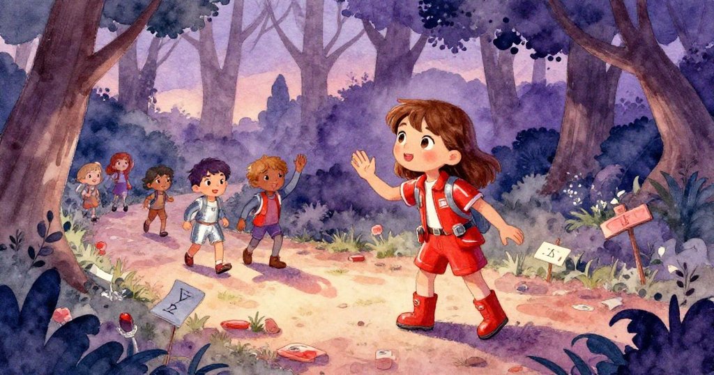 Lily與夥伴們在魔法公園的晨光至夕陽間漫步，光影交錯展現奇幻時光，臉上洋溢著驚奇和快樂。