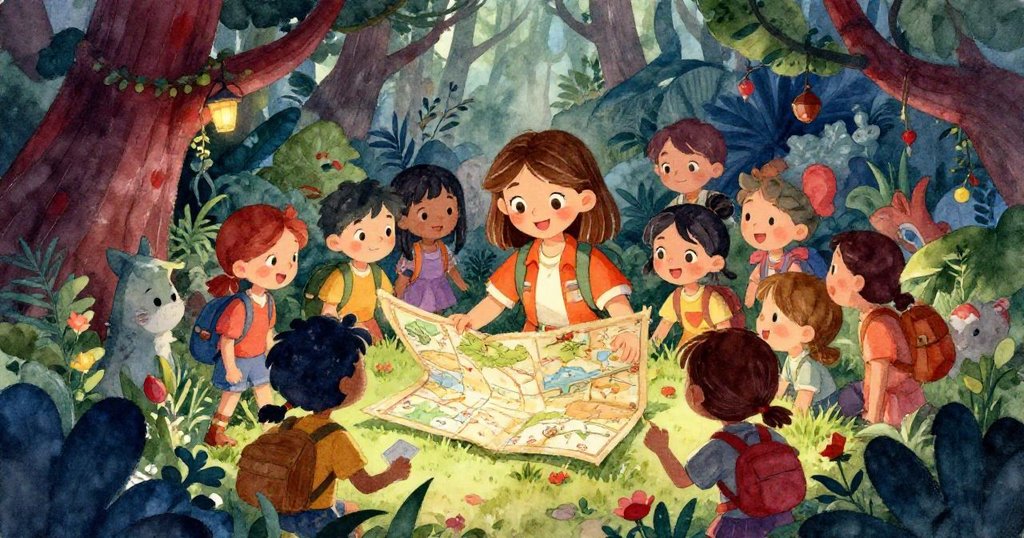 在秘密樂園中，Lily與鎮上孩子們共同仔細解讀神秘地圖，彼此鼓勵互動，臉上洋溢著快樂和好奇。