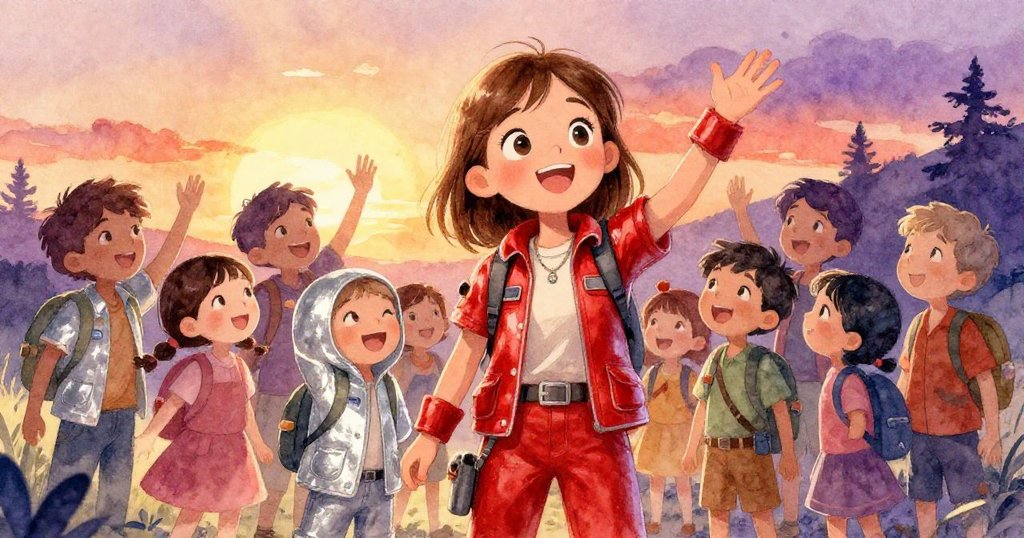 在金色夕陽映照下，Lily與夥伴們歡笑擁抱慶祝冒險成功，夕陽背景中充滿溫馨與夢幻回憶。