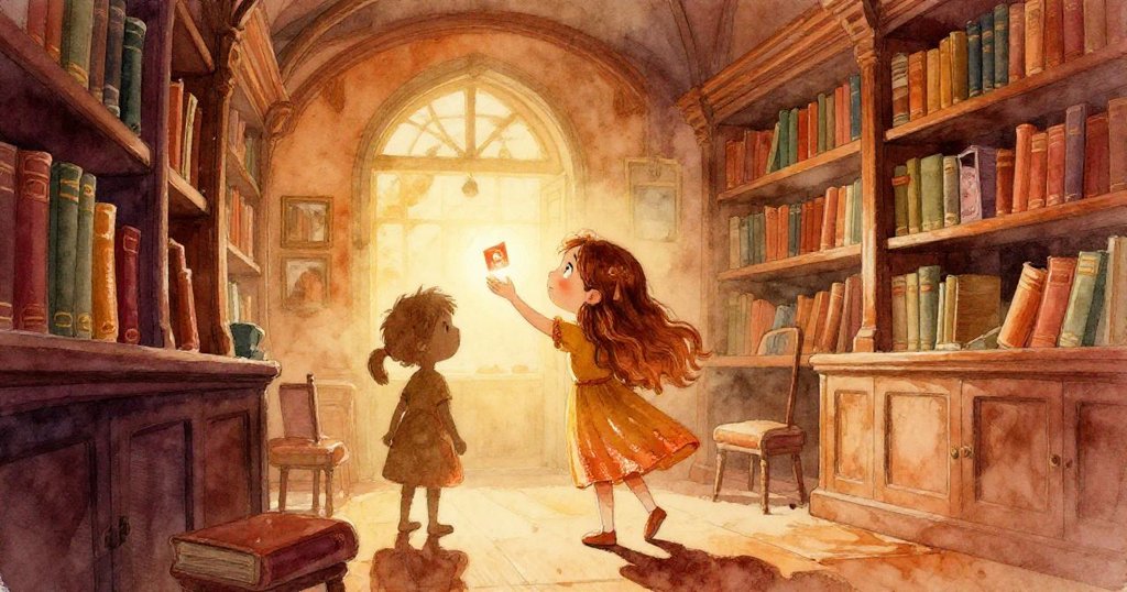 Lily 在舊圖書館中發現發光彈出書, 影子與晨光交織, 神情充滿期待與好奇, 書架營造出濃厚神秘氛圍