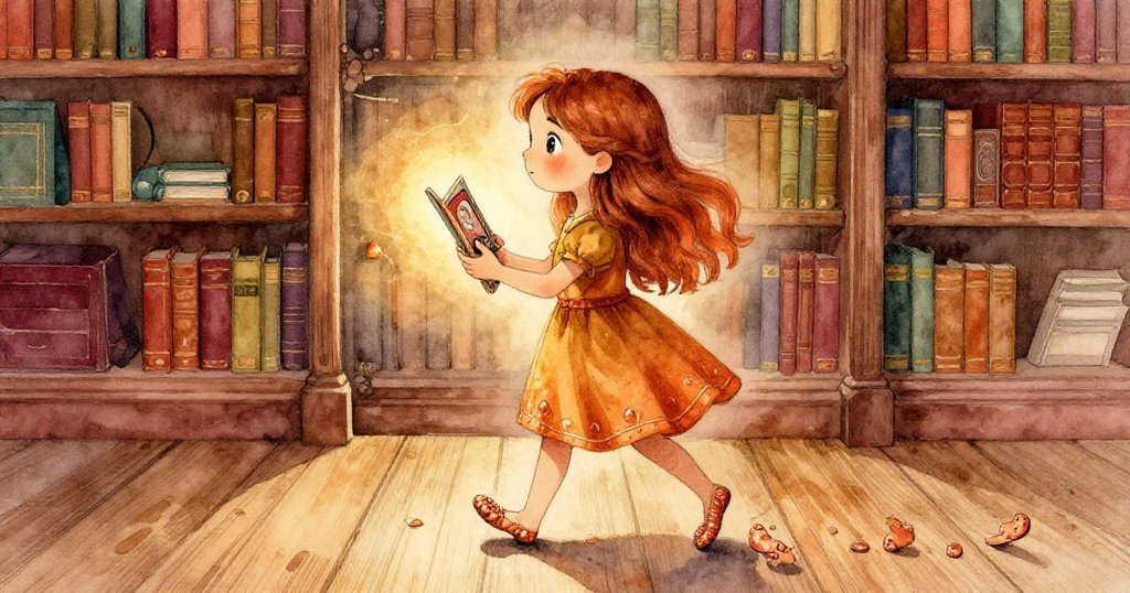 Lily 踏著古老木地板探索彈出書, 腳步堅定, 周圍散發溫暖柔光, 營造出神秘悠然的圖書館氛圍