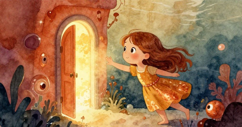 Lily 伸手開啟書中發光秘密門, 跨入透明奇幻世界, 灰藍光芒融合溫暖色調, 神情充滿期待與驚嘆