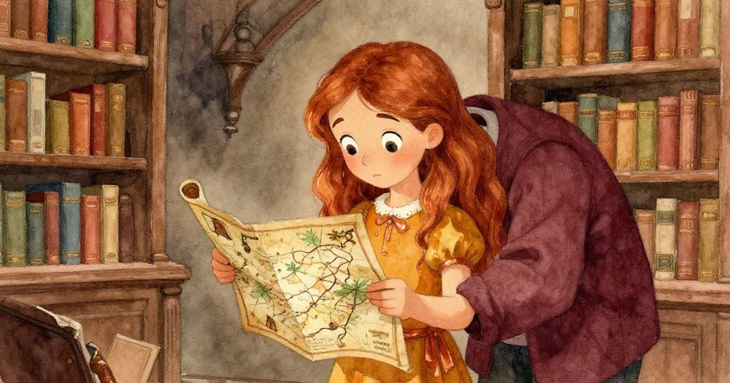 Lily 與友善嚮導在圖書館交流古老秘密, 細讀地圖, 神情中夾雜緊張與期待, 氣氛溫馨卻充滿神秘感