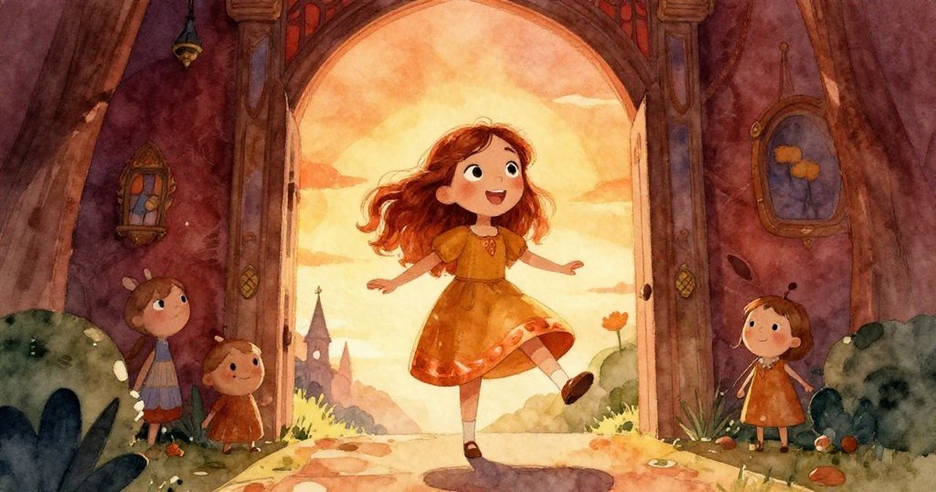 Lily 走出魔法大廳迎向夕陽, 臉上綻放幸福笑容, 暖色光線與柔風輕拂, 營造出夢幻且充滿希望的結局