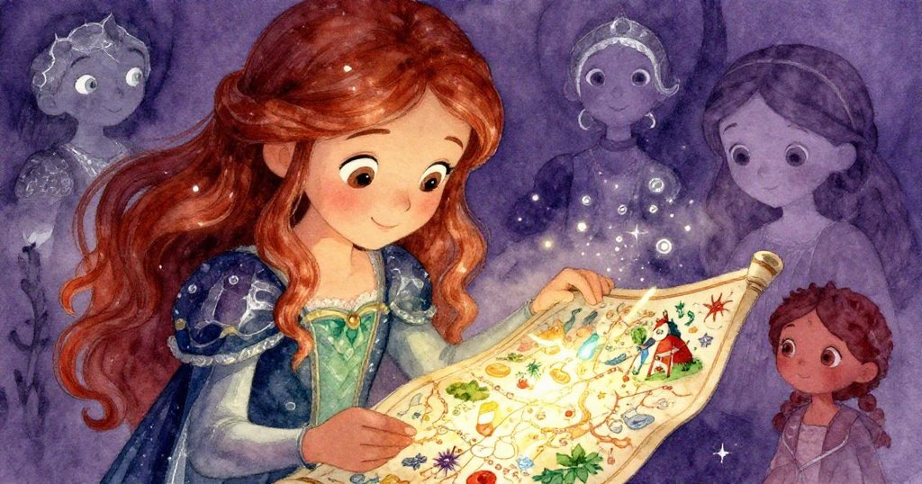 艾拉特寫鏡頭中仔細檢視充滿細節的魔法地圖，眼神充滿驚奇與溫柔笑容，展現探索奇幻世界的喜悅。