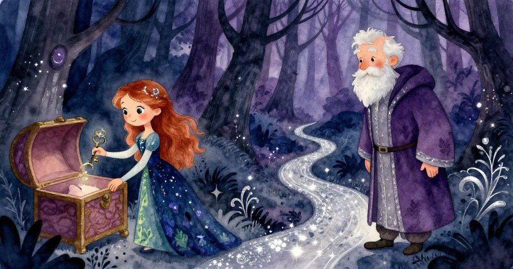 畫面分割呈現，老者溫柔地用神秘鑰匙開啟古老寶箱，艾拉勇敢踏入閃耀魔法森林，傳達冒險新起點的氛圍。