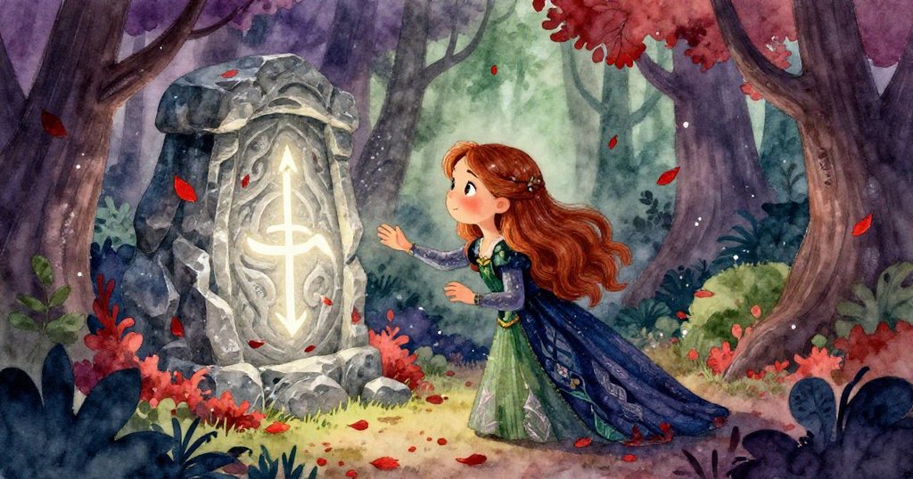 艾拉在秋意盎然的魔法森林中，輕觸刻有神秘符號的古石，背景有紅葉飄落與閃爍光芒，散發迷人魅力。