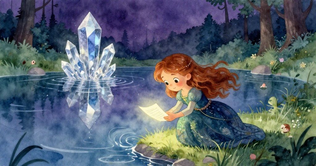 艾拉在水晶湖邊發現發光便條，興奮地讀著神秘字句，湖面反射魔法光芒，風柔和撫過綠意盎然的環境。