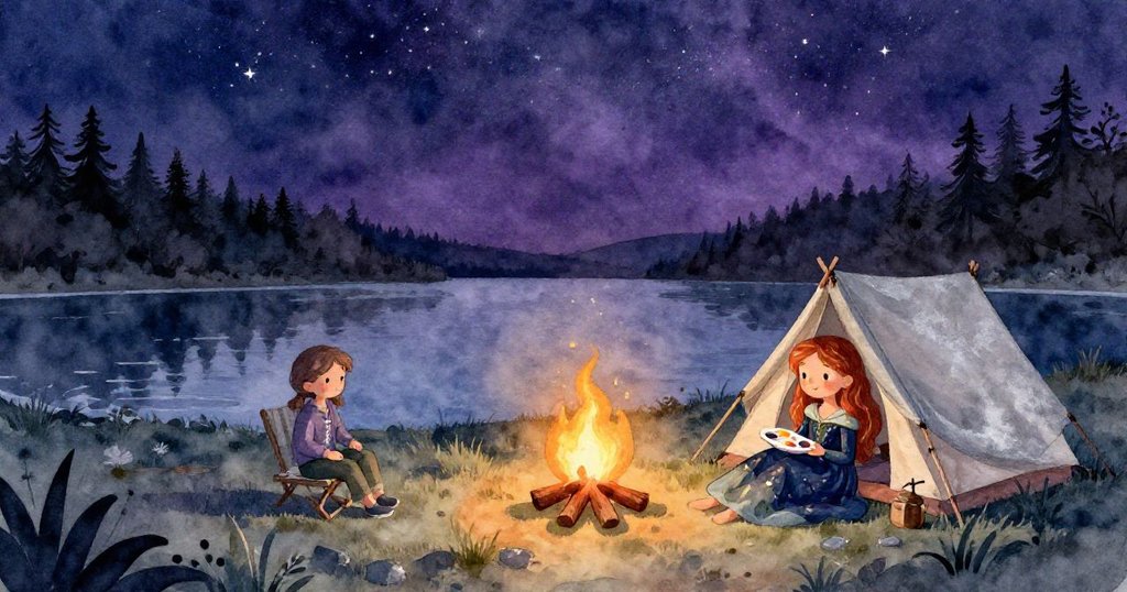 艾拉在星夜下寧靜露營，坐於湖邊火光映照中安然入夢，臉上洋溢滿足微笑，回味整段神奇旅程。