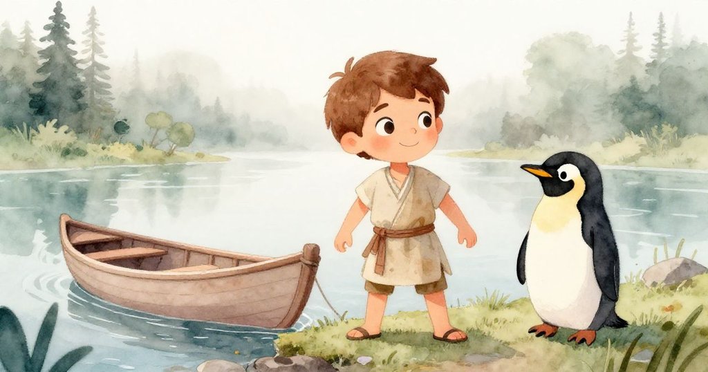 勇敢的Liam於晨霧中站在古樸小舟旁,企鵝伴隨左右,滿懷期待開始神秘探險之旅,環境充滿夢幻光影與柔和色彩。
