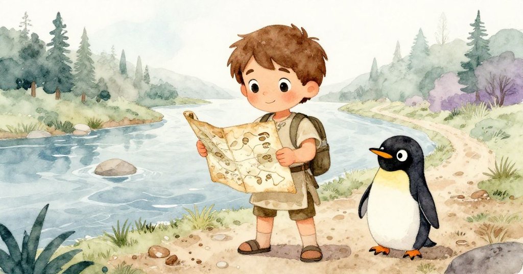Liam於河岸秘徑上查看古舊地圖,腳印留痕泥地,企鵝緊隨左右,畫面展現探險初期的好奇心與堅定目光。