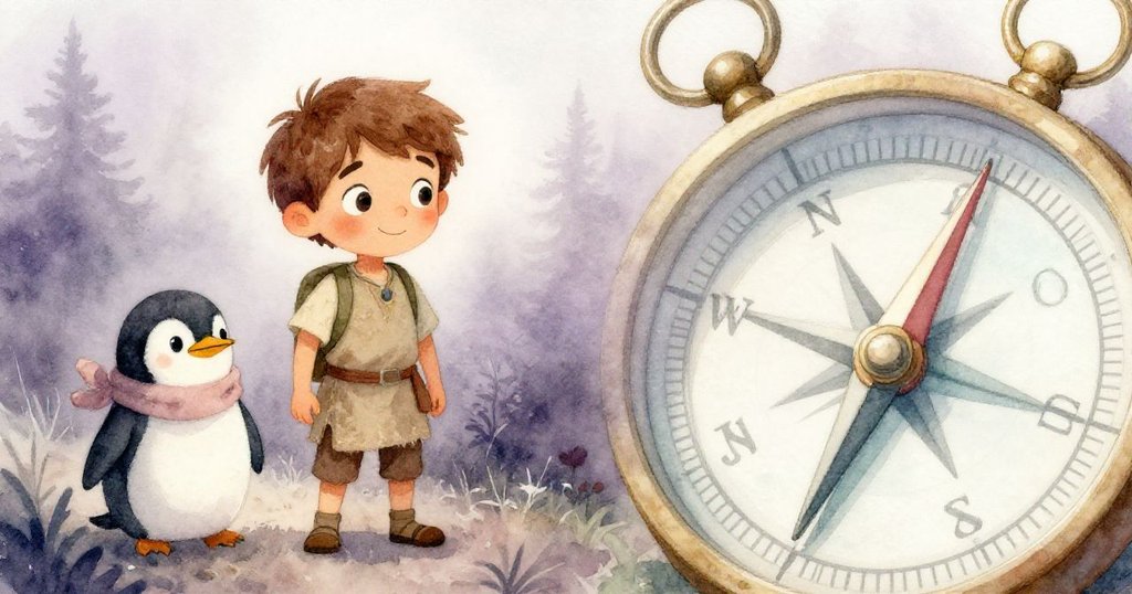 濃霧突襲時,Liam與企鵝各自展露疑惑與堅毅表情,一側顯示指北針精緻針頭指向東方,畫面充滿神秘氣息。