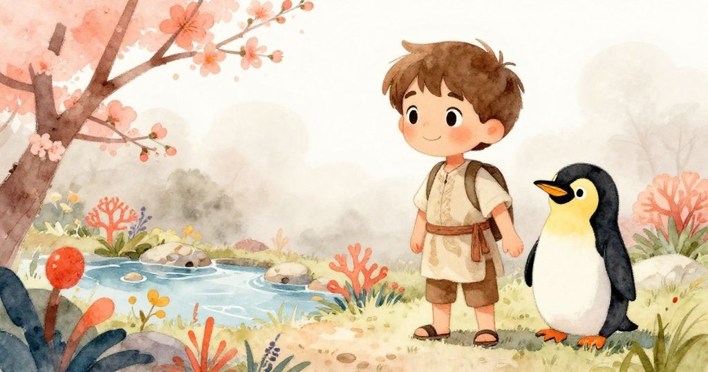 霧散天晴後,Liam與企鵝欣賞陽光灑落下隱密水道旁盛開的花卉與閃爍光影,畫面溫暖明亮,充滿新生氣息。