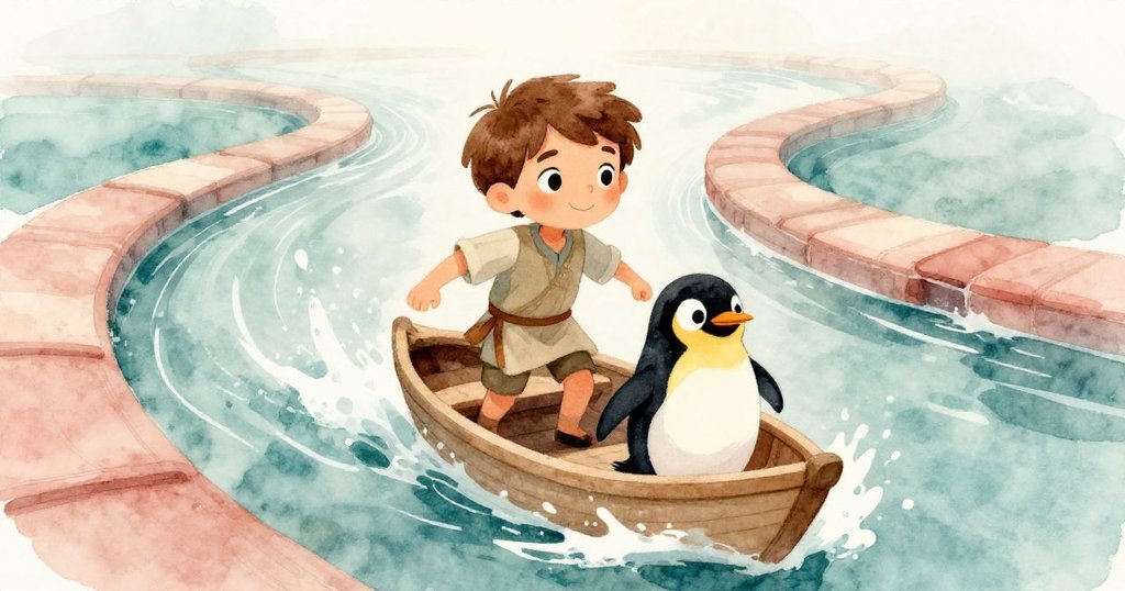 Liam與企鵝活躍於曲折水道中迅速划行,水花四濺中展現出無比喜悅與決心,動態畫面生動熱烈。