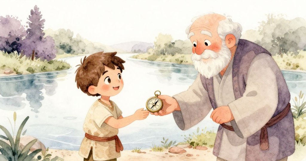 在寧靜河畔,慈祥領袖向Liam贈送精緻指北針,雙方交換溫暖微笑,呈現出冒險旅程中堅定與感恩的難忘瞬間。