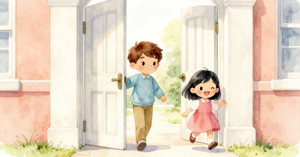 Sam跨入學校大門，Mia跟隨在後，校園入口散發溫暖光芒，表情堅定與期待迎向比賽。