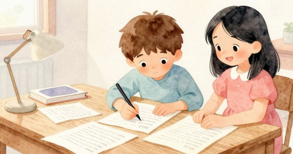 Sam專心寫筆記，Mia在旁協助，溫馨桌面書本與筆跡細緻呈現，展現準備比賽的努力。