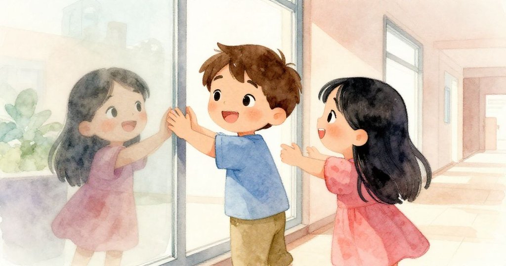 Sam和Mia通過玻璃窗倒影互視微笑，互相鼓勵，走廊中溫暖光線映出他們決心共同進步。