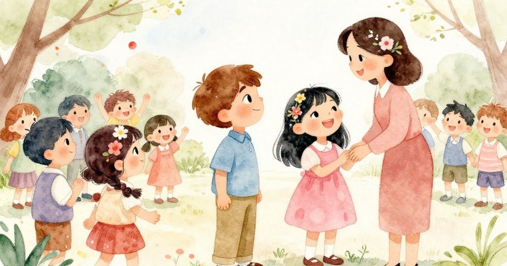 校園慶典熱鬧洋溢，Sam和Mia與老師歡笑，學生齊聚慶祝春日快樂，氣氛充滿希望與生機。