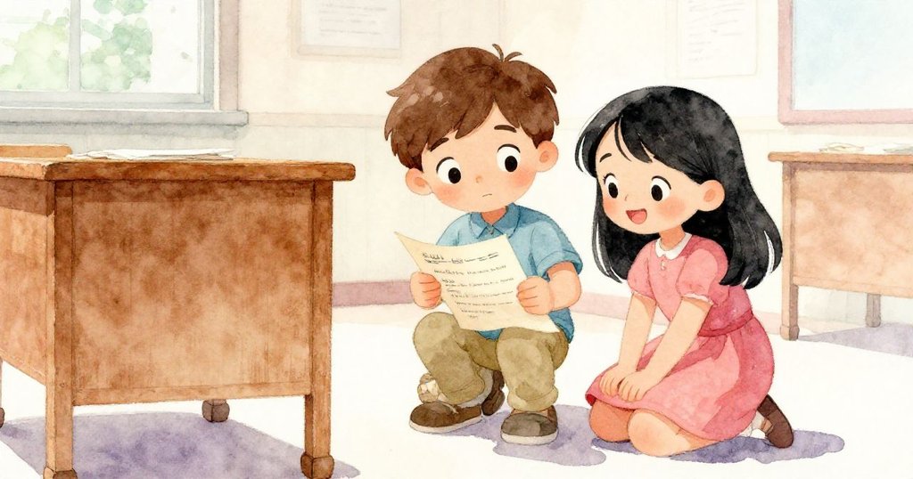 在懷舊教室內，Sam與Mia發現失落文件，齊心解謎，驚訝與堅定情緒交織，選擇共同面對挑戰。