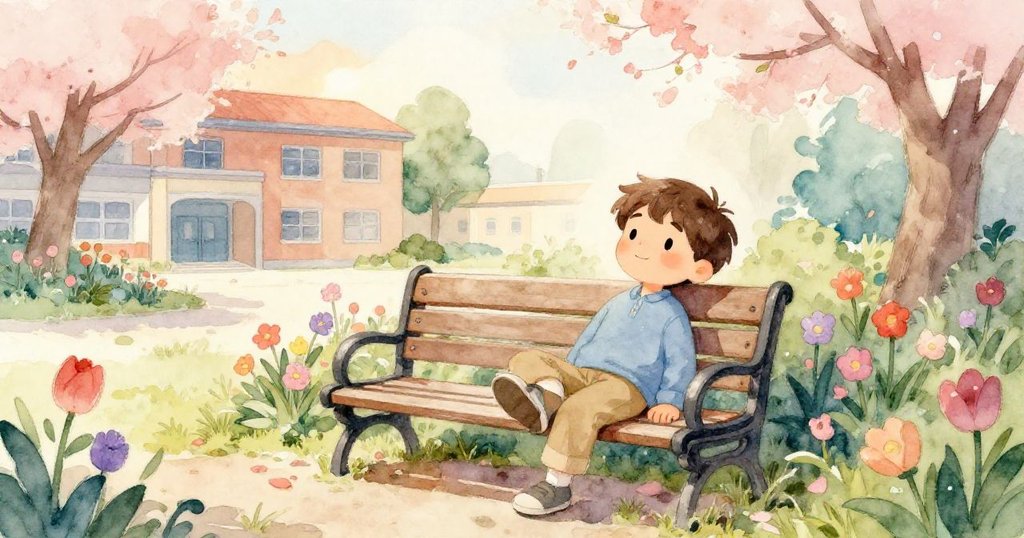 Sam獨坐花園長椅上休息，夕陽柔光映照，臉上流露安寧與滿足，結束比賽後靜享平和時刻。