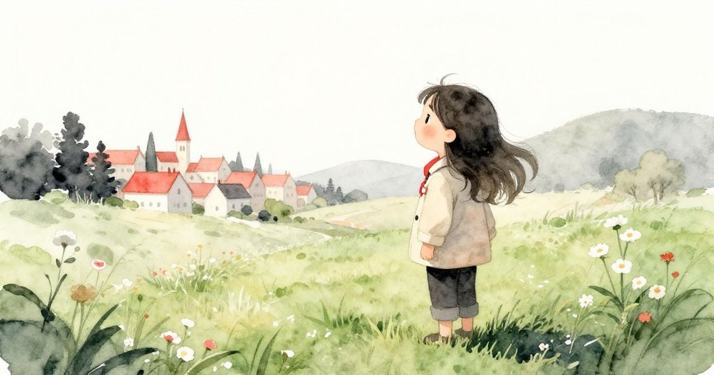 安娜站在綠野邊緣，凝望遠方小鎮，神情平靜期待，陽光溫暖灑落，充滿冒險前的寧靜與希望。