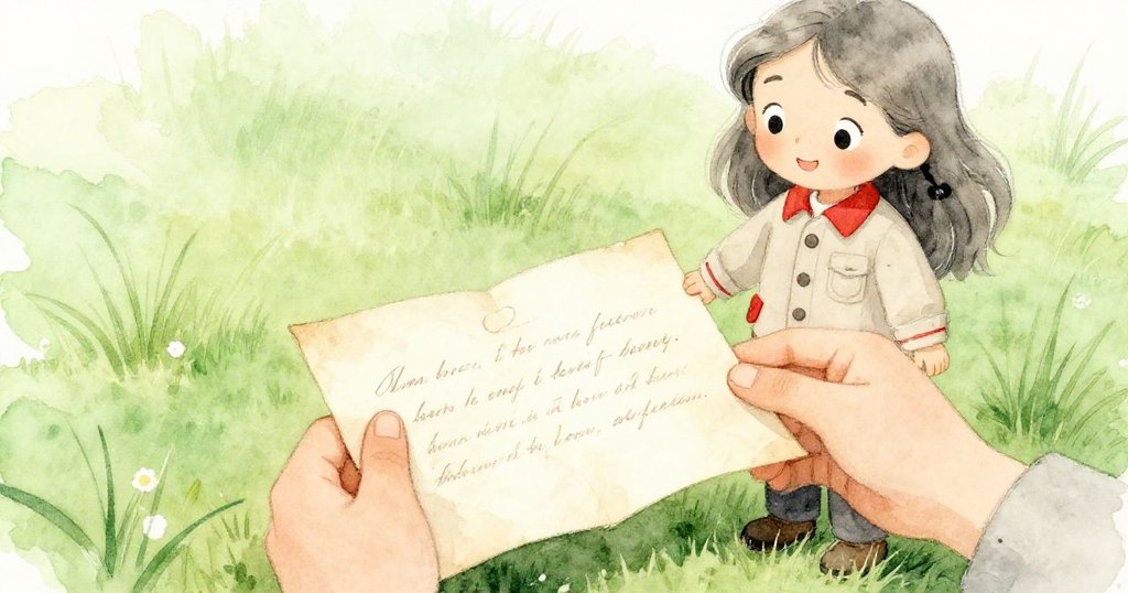 安娜跪坐在草地上，專注打開鄰居寫的信，細緻手勢顯現溫柔情懷，背景自然朦朧。