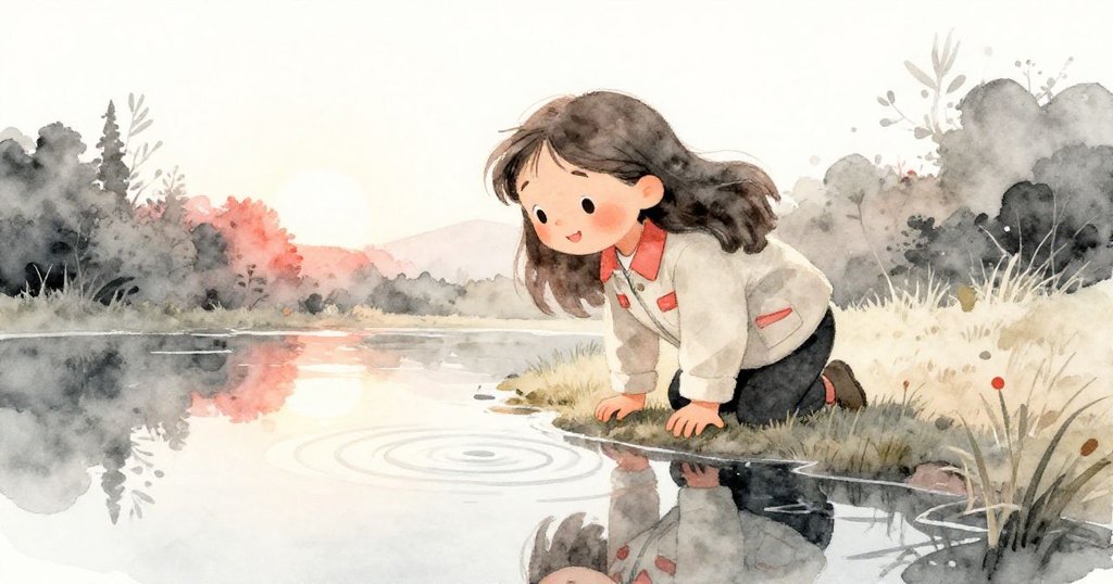 安娜靠近池邊觀望自己倒影，柔和夕陽映照出期待與驚奇，展現旅程開始的靜謐氛圍。