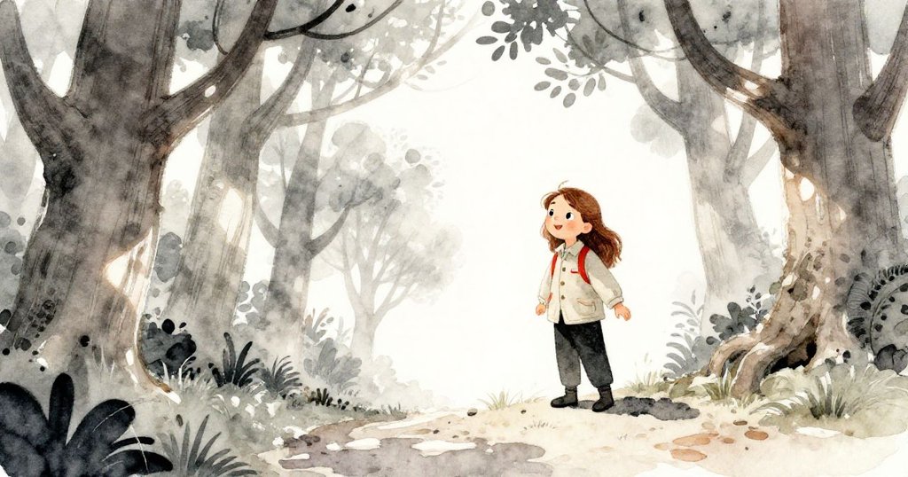 安娜站在古樹旁隱秘小徑前，神情既興奮又略帶猶豫，微風輕拂樹葉，展現冒險初現之緊張情緒。